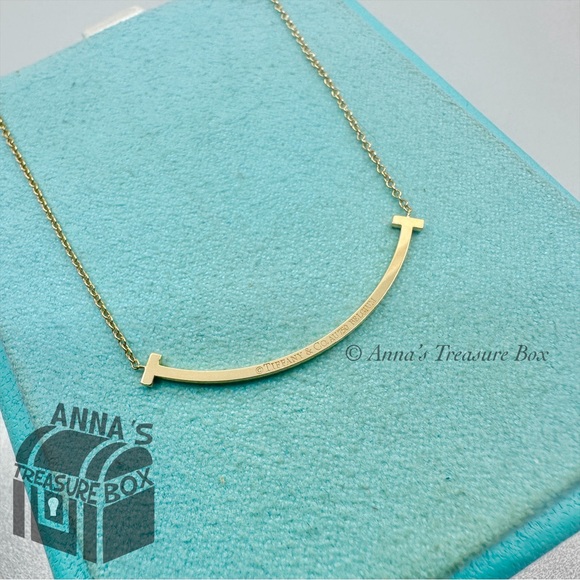 Tiffany & Co. 18K Yellow Gold SMALL T Smile Pendant w/Diamonds 16.5" Necklace - Picture 4 of 9